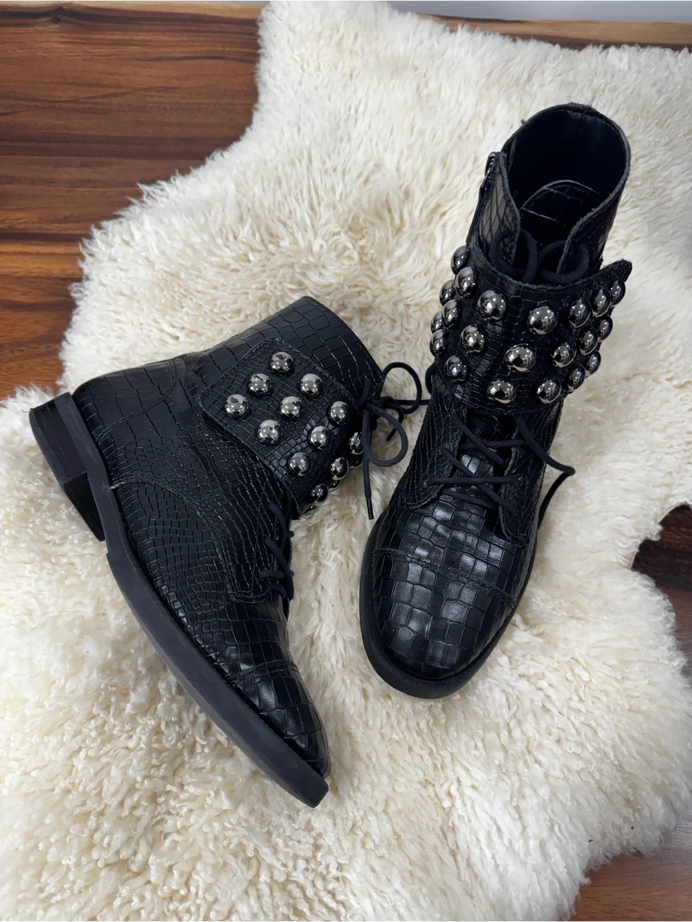 SCHUTZ Black Studded Lace-Up Women's Combat Boots size 8